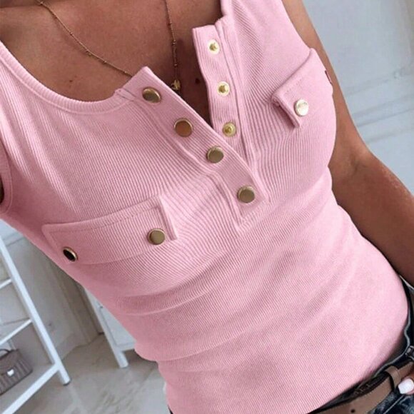 Tops - Pink Casual Women's Slim-Fit Metal Button Sleeveless Tank Top